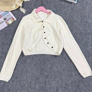 Cream Cropped Knit Cardigan Button Front Cute Top